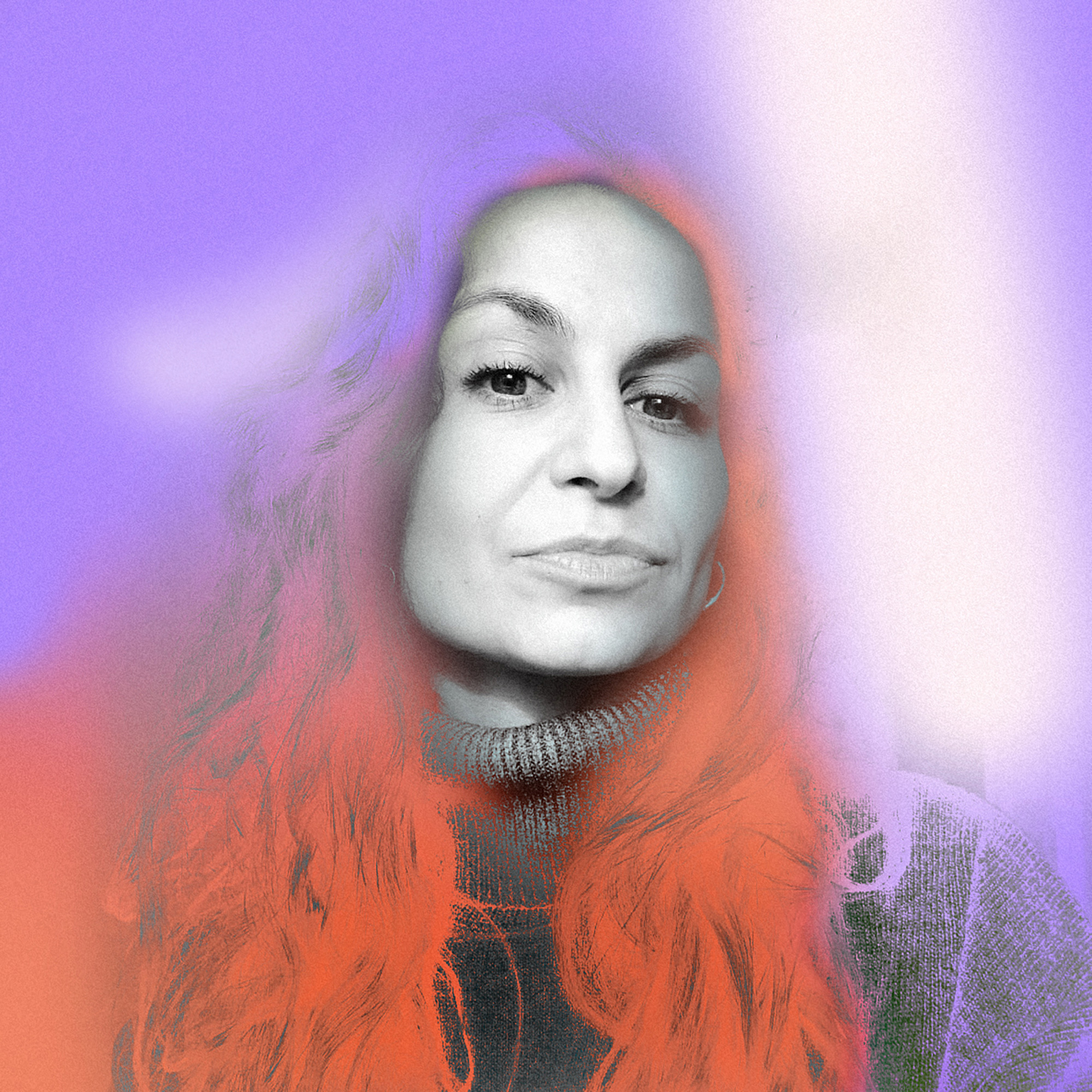 Risktakers Fellowship - Photo of a female read person looking right up front into the camera. The center of the image with the person's face is black and white, and towards the edge of the image it fades into purple and orange tones. In the lower right corner of the image there is white lettering with the name