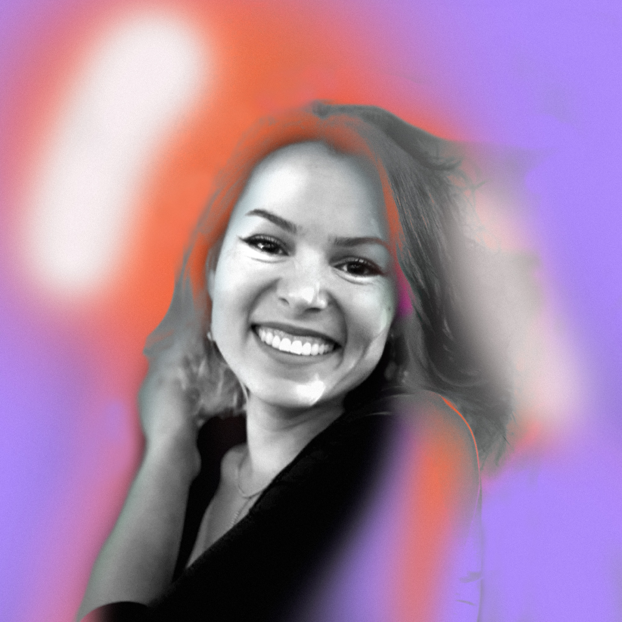 Risktakers Fellowship - Photo of a female read person smiling. The center of the image with the person's face is black and white, and towards the edge of the image it fades into purple and orange tones. In the lower right corner of the image there is white lettering with the name