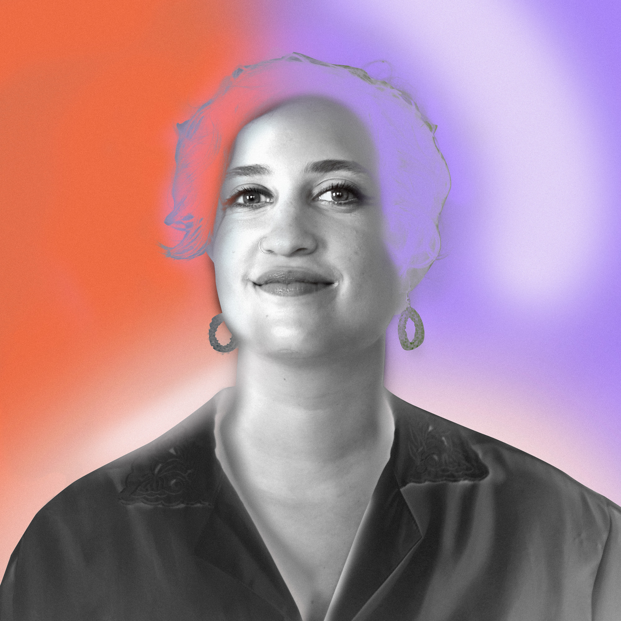 Risktakers Fellowship - The image depicts a greyed black-and-white photograph of Sarah Kaddoura, one of the Risktaker fellows, on a background that