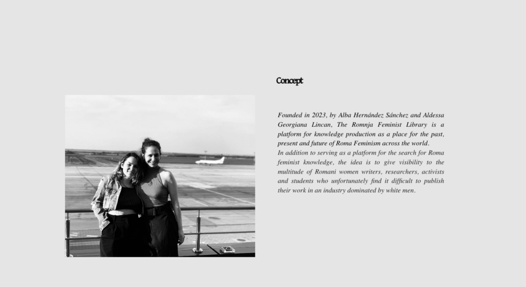 On the left side there is a black and white photo with two female read people holding each other in their arms and looking frontally into the camera. Both are leaning in front of a railing, in the background you can see an airfield with an airplane. On the right side is a text titled "concept", which briefly explains how the idea of the library came about.